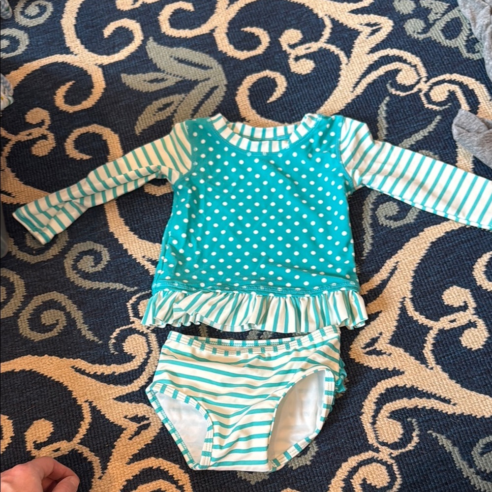 Bright Aqua Polka Dot and Striped Swimsuit Set